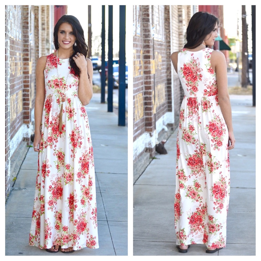 Infinity Raine White Maxi Dress with Red Floral Print